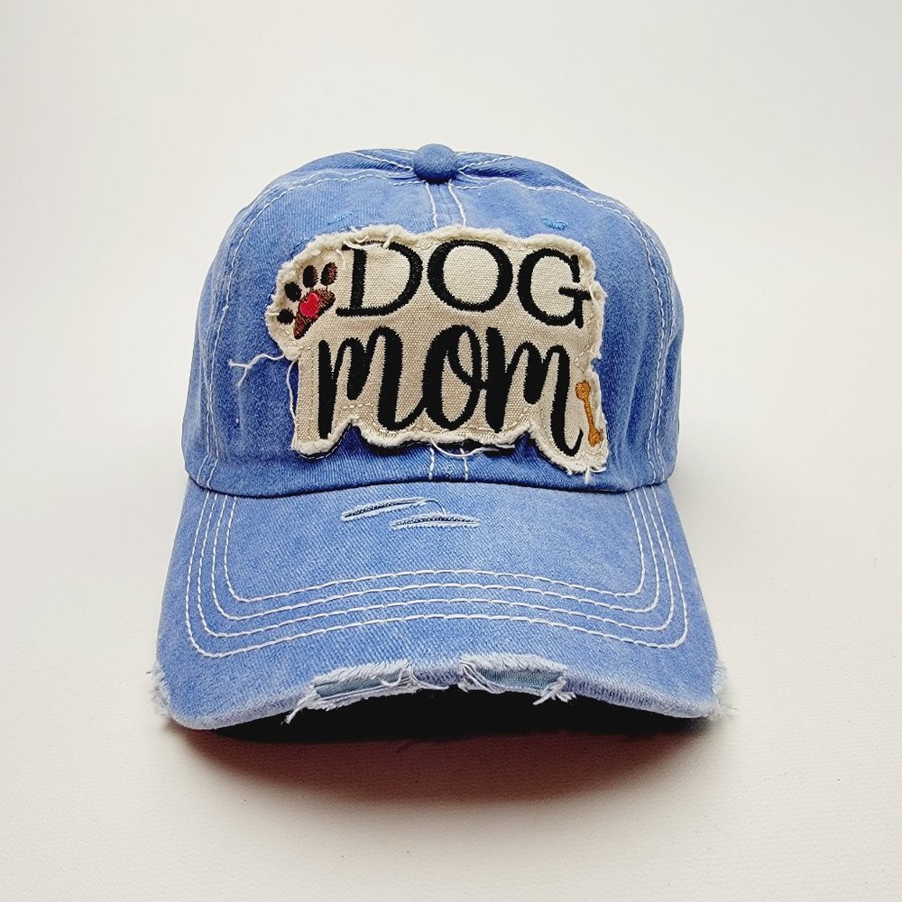 Dog Mom Distressed Relaxed Buckle Strap Full Cover Baseball Hat Cap Blue